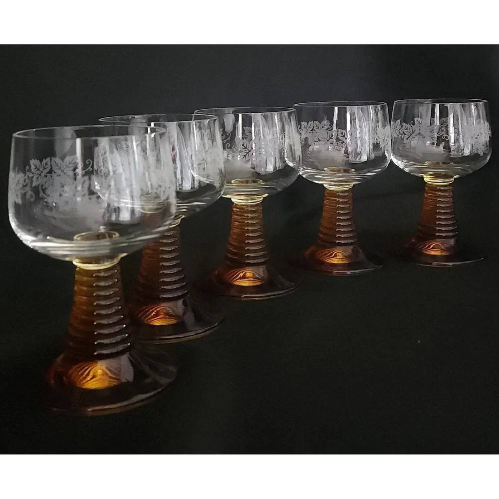 Roemer Luminarc Ribbed Amber Stem Beehive Wine Glasses‎ Barware Set Of 5
